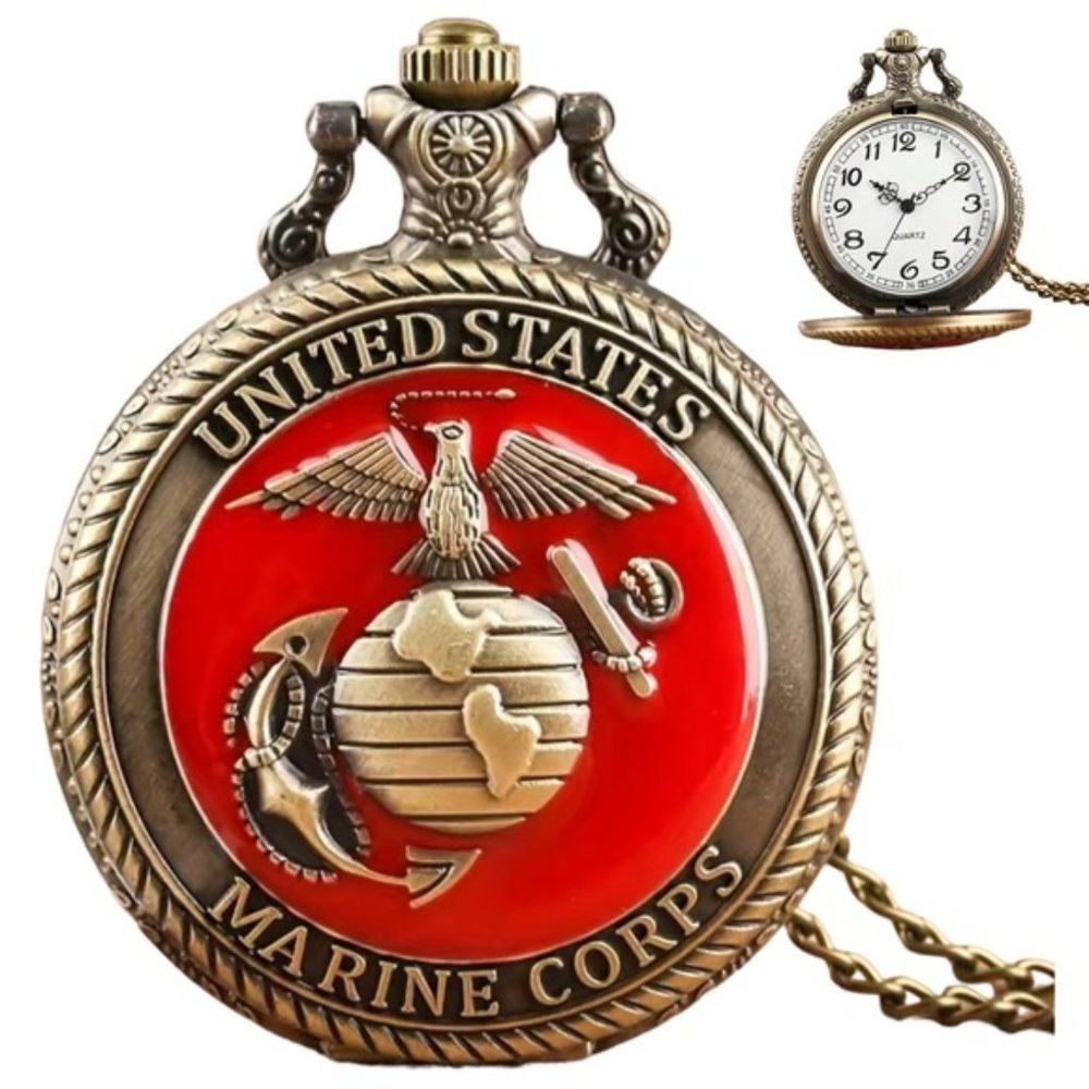 Pocket Watch US Marine Corps Steampunk Chain Quartz Watch Analog Retro Pendant - Picture 1 of 15